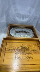 lot 2002 image: Wooden framed Beringer Napa Valley and Mirrored Quincy Market wall decor 14x18