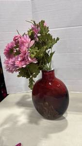 lot 2009 image: Red Gradient Art Glass Vase with artificial flowers 10 inches tall