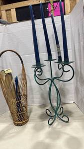 lot 2016 image: Green Metal Candelabra 16 inches tall with Navy Blue Candles and more
