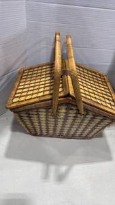 lot 2036 image: Wicker Picnic Basket with Folding Handles and dishes