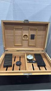 lot 2037 image: Wooden Cigar Humidor with Hygrometer and Accessories
