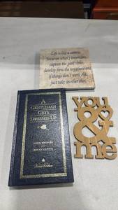 lot 2040 image: Mixed Home Decor Bundle with Book and Wooden Signs