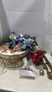 lot 2063 image: Decorative Hat Box with Artificial Flowers and Red Cardinal Figurine and more