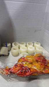 lot 2064 image: Ribbon, candles and artificial fall florals