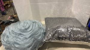 lot 2077 image: Silver Sequin Decorative Pillow with Rose Accent pillow