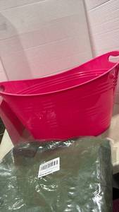 lot 2088 image: Pink Plastic Storage Tub with Green Garden Bag