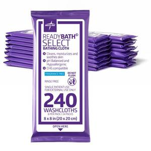 lot 30069 image: Medline Readybath Body Wipes, Shower and Bath for Adults, No Rinse Disposable Washcloths, Extra Thick, Hypoallergenic, Alcohol-Free, Aloe-Infused, Unscented, 240 Count (30 Packs), 8x8 Inch