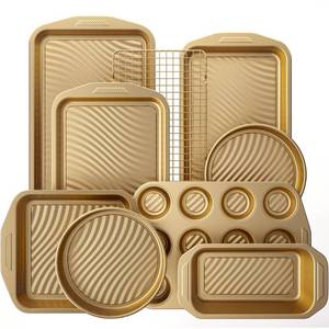 lot 30087 image: HONGBAKE 9-Piece Nonstick Bakeware Set, Wave Texture for Easy Release, 0.8mm Thick Non-Toxic Baking Pans Set, Includes Stackable Cookie Sheets, Antique Gold