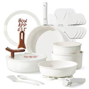 lot 30088 image: CAROTE 18Pcs Ceramic Cookware Set with Detachable Handle, Pots and Pans Set Non Stick, Non Toxic Kitchen Cooking Sets with Stand-Up Lid, PFAS and PFOA Free, Oven Safe, Induction Ready, Cream White