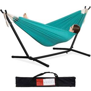 lot 30103 image: PNAEUT Double Hammocks with Stand for Outside, Portable Space Saving Heavy-Duty Steel Stand for Indoor Outdoor Patio with Carrying Bag, 450 lbs Capacity
