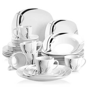 lot 30117 image: VEWEET, Series Fiona, 30-Piece Dinnerware Sets for 6, White Dishes Set with Black and Gray Stripes, Porcelain Dinner Set Including Dessert Plates, Soup Plates, Dinner Plates, Cups & Saucers