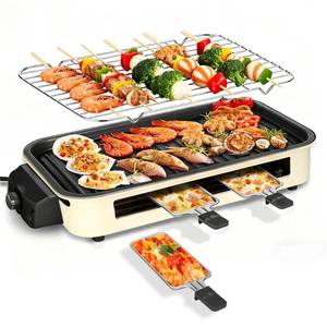 lot 30123 image: Electric Indoor Grill 1500W, YOHAWJAN 2 in 1 Smokeless Indoor Grills with Non-stick Removable Grill & Griddle Plate, Temperature Control, Portable Korean BBQ Grill with 3 Raclette Cheese Pans heats up