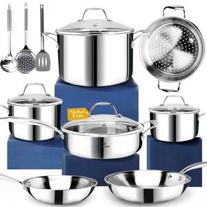 HOMICHEF 14-Piece Nickel Free Stainless-Steel Cookware Set Whole-Clad 3-Ply - Mirror Polished Pots and Pans Set - Healthy Cookware Set With Steamer - Non-Toxic Induction Cookware Sets