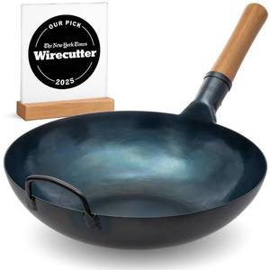 lot 31048 image: YOSUKATA 13.5 Blue Carbon Steel Wok Pan Pre-Seasoned Flat Bottom Wok Compatible with open fire, gas, electric, ceramic, induction cooktops -Traditional Chinese Pan for Stir Fry, BBQ, Grill, Camping