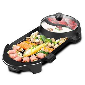 lot 31052 image: SEAAN Hot Pot with Grill, Korean BBQ Grill Indoor Hotpot Pot Electric Combo, Shabu Shabu Pot with Divider KBBQ Grill Smokeless Non-stick Separate Dual Temperature Control, for 2-12 People, 110V