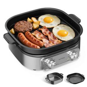 lot 31056 image: 6-Quart Electric Skillet with Grill  Non-Stick PFOA-Free Ceramic-Coated Pot, 1600W, Timer & 3 Power Settings for Steak, Egg, Ramen (Includes Tongs) Pot & Grill
