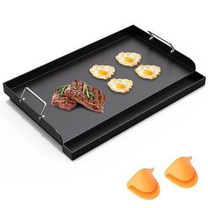 lot 31062 image: MOASKER Universal Nonstick Cast Iron Griddle for Gas & Charcoal Grills & Stove Top, Thickened 25 x 16 Flat Top Grill Griddle Plate with Extra High Sidewalls, Grease Groove & Handles, for Camping