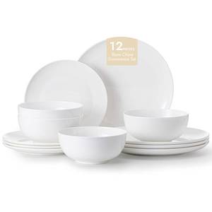 lot 31071 image: KINGSTONE 12-Piece Bone China Dinnerware Set for 4, Lightweight Porcelain Round Plates and Bowls Set, Durable Scratch Resistant Ceramic Dinner Set, Microwave & Dishwasher Safe, Ivory White