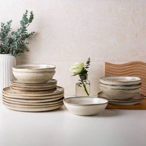 lot 31082 image: AmorArc Ceramic Dinnerware Sets,Handmade Reactive Glaze Stoneware Plates and Bowls Sets,Highly Scratch Resistant  Dishwasher & Microwave Safe Dishes Set,Service for 4 (12pc)