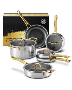 lot 31092 image: Gold Pots and Pans Set, Hybrid Hammered Stainless Steel, 10PC Nonstick Kitchen Cookware Sets wFrying pan, Non Toxic, Oven Safe & Compatible with All Stovetops, Holiday Cooking Gift for Him or Her
