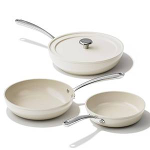 lot 31109 image: Redchef Ceramic Frying Pans, 4-Piece Non Stick Frying Pans, Non Toxic Skillet with Lid, Ceramic Cookware Set, 8 9.5 11 Egg Saute Pan, PFAS & PTFE & PFOA Free, Dishwasher & Oven Safe, Beige White