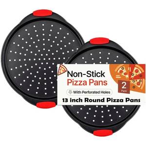 lot 31121 image: ZOEHROWS 13 Inch Pizza Pan for Oven (2 Pack) Round Pizza Pan with Holes - Non-Stick Carbon Steel Pizza Tray with Silicone Handles - for Cooking, Baking, and Grilling - Dishwasher Safe