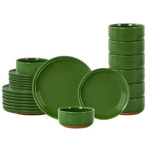 lot 32079 image: GZG Modern Art Series - 24 Pcs Speckled Stoneware Plates and Bowls Sets, Ceramic Dinnerware Set with Rustic Terracotta Underside, Microwave and Dishwasher Safe Handcrafted Dishes Set - Verdant Green