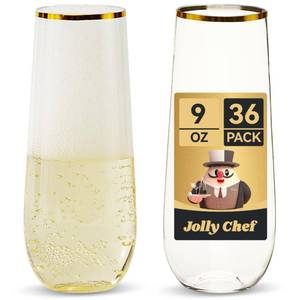 lot 32081 image: JOLLY CHEF 36 Pack 9 Oz Plastic Champagne Flutes, Gold Stemless Plastic Toasting Glasses Shatterproof  Heavy Duty  Plastic Disposable Unbreakable Drinkware for Wedding, Party, Thanskgiving