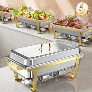 lot 32085 image: Chafing Dishes for Buffet 4 Pack, 11QT Square Large Size and Sturdy Stainless Steel Food Warmers for Parties Buffet Elegant Gold and Silver Colors Catering Supplies Buffet Display