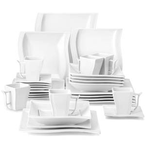 lot 32109 image: MALACASA Ivory White Dinnerware Sets, 30-Piece Porcelain Plates and Bowls Sets, Modern Dish Set for 6, Square Plates Dinnerware Set Kitchen Dishware Sets, Microwave and Dishwasher Safe, Series Flora