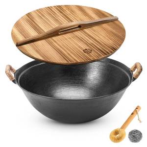 lot 32112 image: WANGYUANJI Cast Iron Wok Pan 14.9 inch Large SUGUO Wok Stir Fry Pan Flat Bottom with Dual Handle and Wooden Lid, Suitable for All Cooktops, Uncoated Chinese Traditional Wok