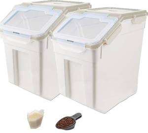 lot 33065 image: YXQ 50LB Large Flour Storage Container Bin,2 Pack Airtight Plastic with Wheels Seal Locking Lid Dispenser Organizer Bin with Measuring Cup & Scoop for Flour, Rice, Grain 100LBS Total Capacity(Grey)