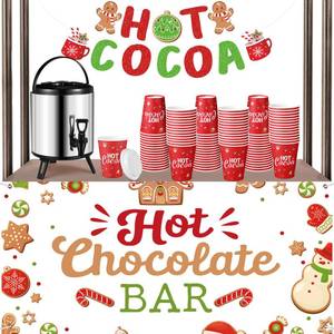 lot 33069 image: Sliner 103 Pcs Hot Chocolate Stand Bar Supplies Kit Include 1.3 Gallon Hot Cocoa Drink Dispenser, Banner Sign, Tablecloth, 100 Disposable Paper Cups with Lids for Christmas Winter Party(Multicolor)
