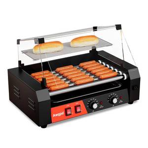 lot 33074 image: Hot Dog Roller 7 Rollers 18 Hot Dogs Capacity 1050W Stainless Steel Hot Dog Roller Machine with Dual Temp Control Glass Hood Acrylic Cover Bun Warmer Shelf Removable Oil Drip Tray (7 Rollers)