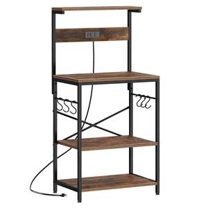 lot 33075 image: SUPERJARE Kitchen Bakers Rack with Power Outlet, Coffee Bar Table 4 Tiers, Kitchen Microwave Stand with 6 S-shaped Hooks, Storage Shelf Rack for Spices, Pots and Pans - Rustic Brown