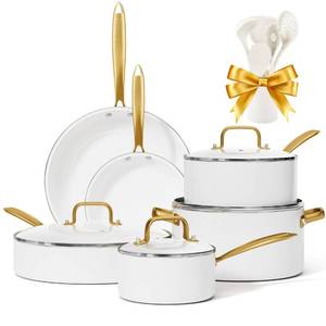 lot 33076 image: Ceramic Cookware Set, VONIKI 16 Pcs Pots and Pans Set Non Stick, Kitchen Cookware Sets with Cooking Utensils Set, Non Toxic Cookware Set White Gold Pan Set for Cooking Pot Oven & Dishwasher Safe, Gift