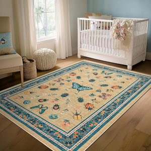 lot 33108 image: Blue Beige Insect Living Room Rug 5x8, Washable Low Pile Non Slip Area Rugs for Bedroom, Dining Room, Office, Farmhouse Retro Carpet Indoor Butterfly Moth Plant Pattern Aesthetic Vintag Room Decor