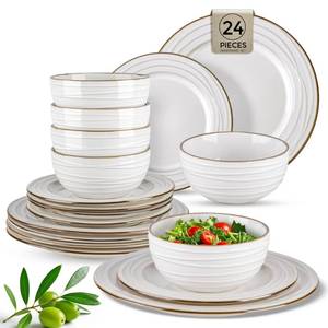 lot 33114 image: GBHOME Ceramic Dinnerware Sets, 24 pcs Embossed Elegant Stoneware Plates and Bowls Sets, Housewarming Wedding Gift  Dishwasher & Microwave Safe  Dishes Set Service for 8