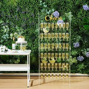lot 33120 image: Ziliny 5 Ft Champagne Wall Display Stand - 6 Tier Acrylic Champagne Tower Holder with 50 Plastic Flute Glasses, Freestanding Mimosa Bar Stand for Wedding Birthday Bridal Shower Party Decorations