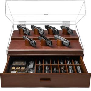 Premium Pocket Knife Display Case for 30 Knives - Large Wooden Knife Organizer, Storage & Holder with Unique Pillars, Hinged Cover, Drawer - Knife Collection Box - Handcrafted Birthday Gift for Men