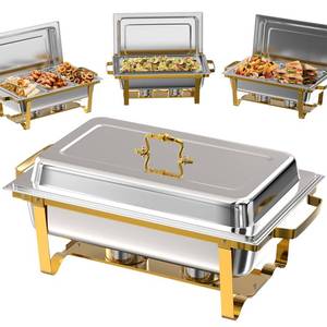 lot 33127 image: Amhier Chafing Dishes for Buffet, 4 Pack 9QT Chafing Dishes with 7 Multi-Size Food Pans, Stainless Steel Chafers and Buffet Warmers Sets for Partires and Weddings, Gold