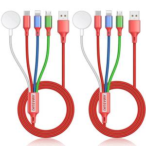 lot 1345 image: 2Pack Multi Charging Cable for Apple Watch Charger 4 in 1 Travel Essentials RV Camping Essentials USB CLMicro Compatible with iWatch Series 11-1iPhone 171615Android Airplane Gadgets-4FTRed&nbsp