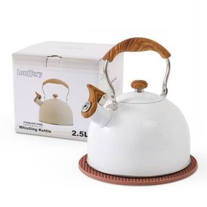 lot 1358 image: LONFFERY Tea Kettle, 2.5 Quart Whistling Tea Kettle, Tea Pots for Stove Top Food Grade Stainless Steel with Wood Pattern Folding Handle - White - Retail $23