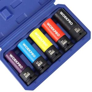 lot 1362 image: WORKPRO 12 Drive Lug Nut Socket Set, 5 Pieces 15 17 19 21 22 MM Non-Marring Lug Nut Wheel Socket Set, Thin Wall Wheel Protector Nut Socket - Retail $29