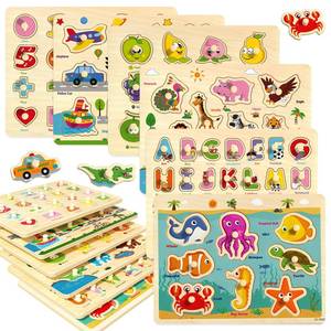lot 1379 image: edutree Wooden Peg Puzzles for Toddlers 2-4, 6 Pack Educational Peg Puzzles Montessori Toys, Learning Puzzles for Kids Girs Boys 1-3 3-5 with Alphabet Number Animal Vehicle Shape - Retail $23