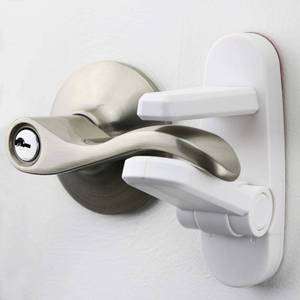 lot 1385 image: Door Lever Lock (3 Pack) Prevents Toddlers from Opening Doors. 3.25 L  1.5 W  4.5 H Easy One Hand Operation for Adults. Durable ABS with 3M Adhesive Backing. Simple Install, No Tools Needed.&nbsp