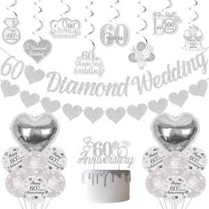 lot 1388 image: Fangleland 60th Diamond Wedding Anniversary Decorations, Glitter Banner, Cake Topper, Hanging Swirl, Silver Heart-shaped Love Foil Balloons, Festival Celebration Party Supplies Sets&nbsp