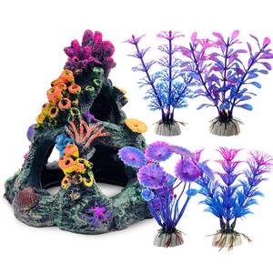 lot 1393 image: GSD Aquarium Colorful Coral Reef Set Fish Tank Decoration Mountain Ornament for Aquarium Environments Decor Accessories, Coral Mountain x 1, Aquatic Plant x 4&nbsp