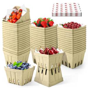 lot 1394 image: 36 Pcs Natural Pulp Fiber Berry Basket with 50 Sheets of Wax Paper, Molded Ventilated Produce Baskets for Strawberry Blueberry Vegetable and Snack, for Fruit Picking, Farmers Market, Backyard Party&nbsp