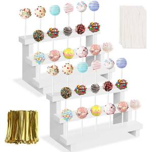 lot 1399 image: KHayRovies 2Pcs Wood Cake Pop Stand, White Lollipop Holder 3 Tier with Twist Ties Lollipop Sticks, 17 Holes Sucker Display Riser for Dessert Table of Wedding Birthday Party - Retail $24